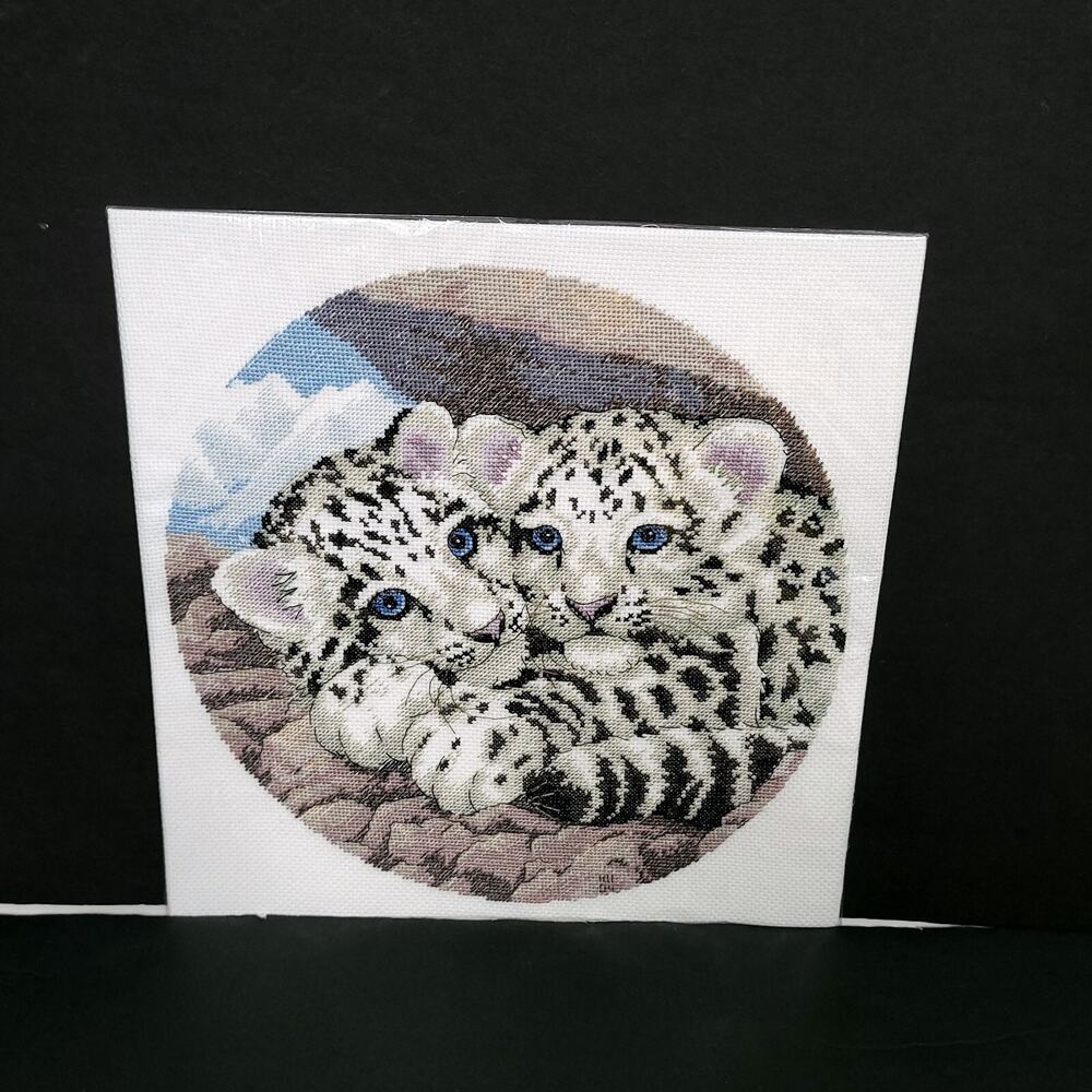 Handmade Cross Stitch Snow Leopard Cubs Blue Eyes Wildlife Needlework Art